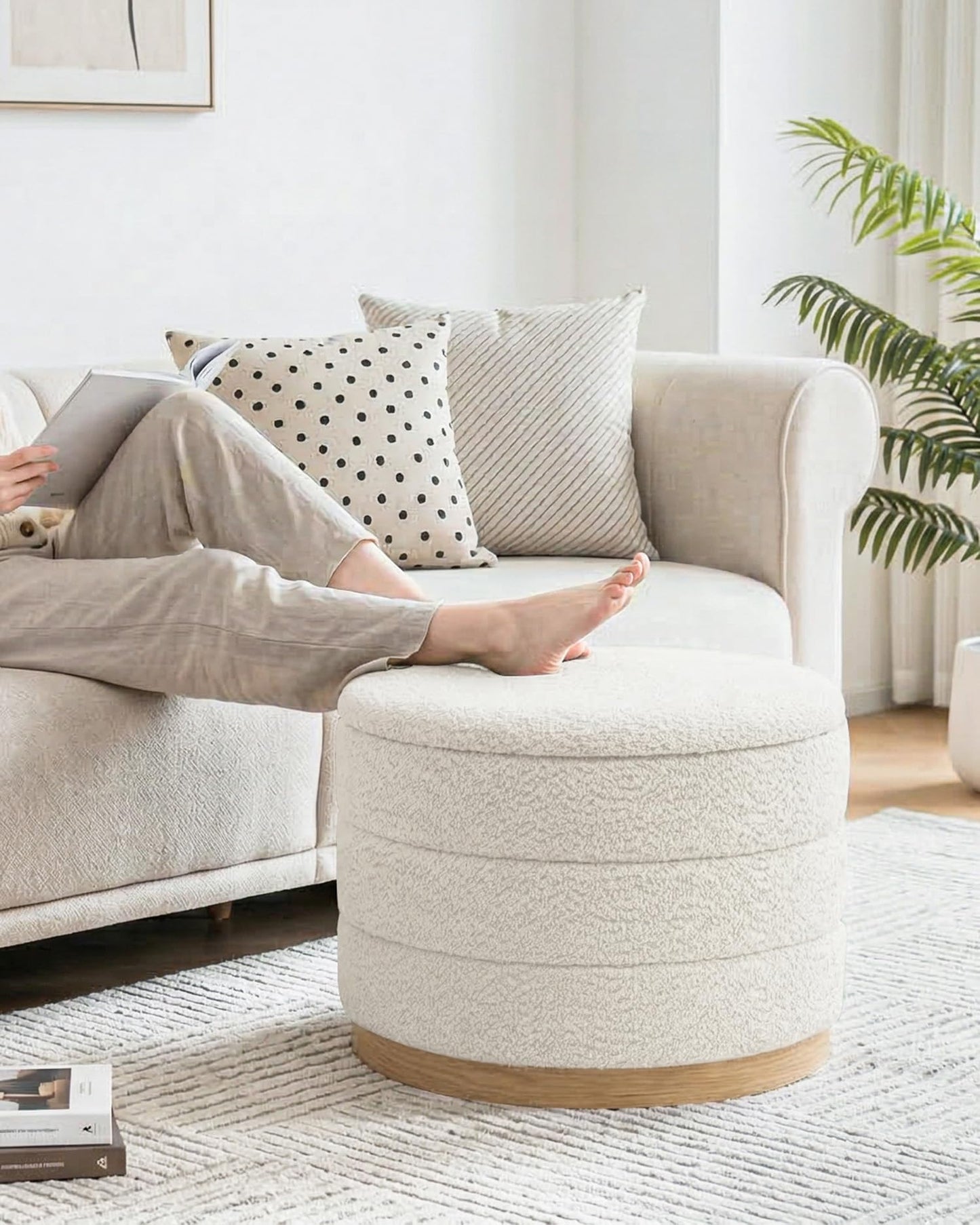 Bonlife Round Chenille Storage Ottoman Coffee Table, Folding Footstool with Table Top