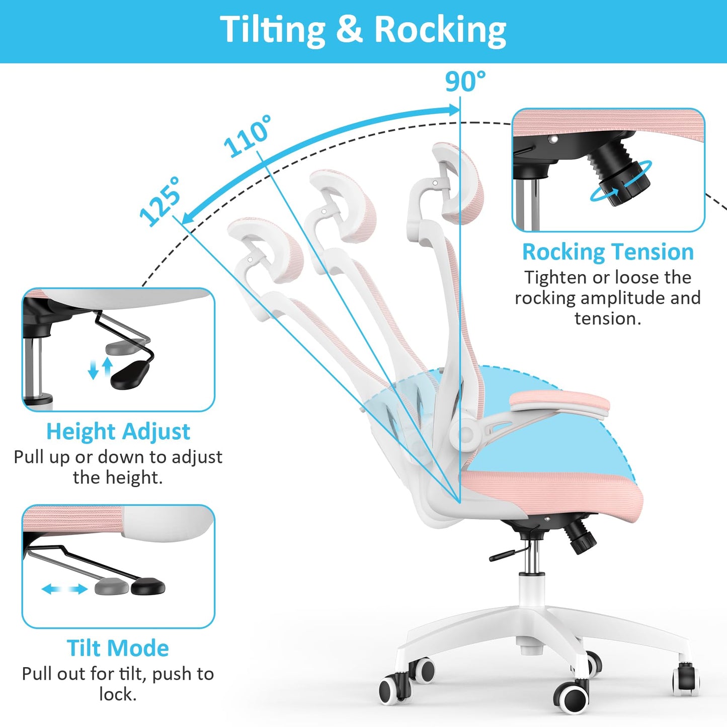Feonase Ergonomic Office Chair with Adjustable Headrest and Lumbar Support, Mesh Back, Flip-up Armrests and Rocking Function