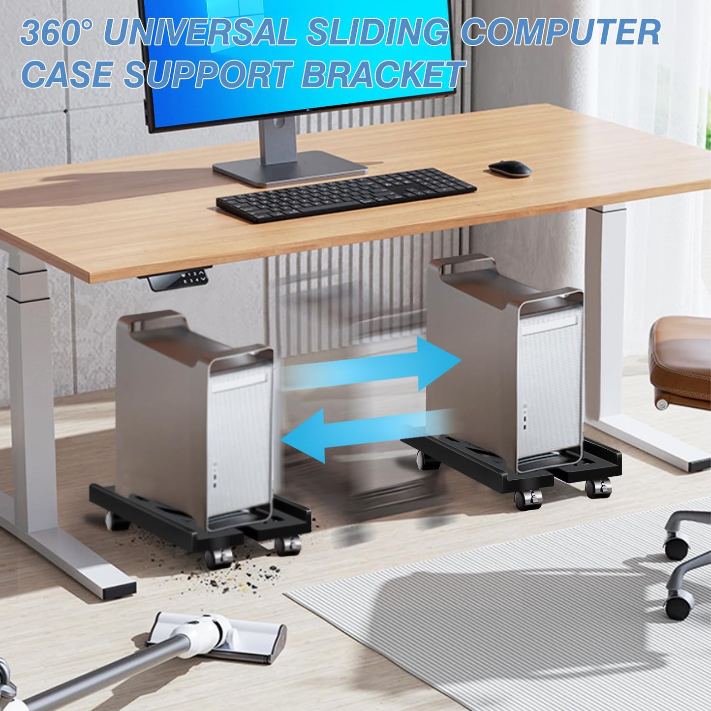Hmseng Adjustable Pc Stand for Floor,Computer Tower Stand with 4 Rolling Caster Wheels, Mobile CPU Stand for Floor Carpet Gaming PC Case-Black