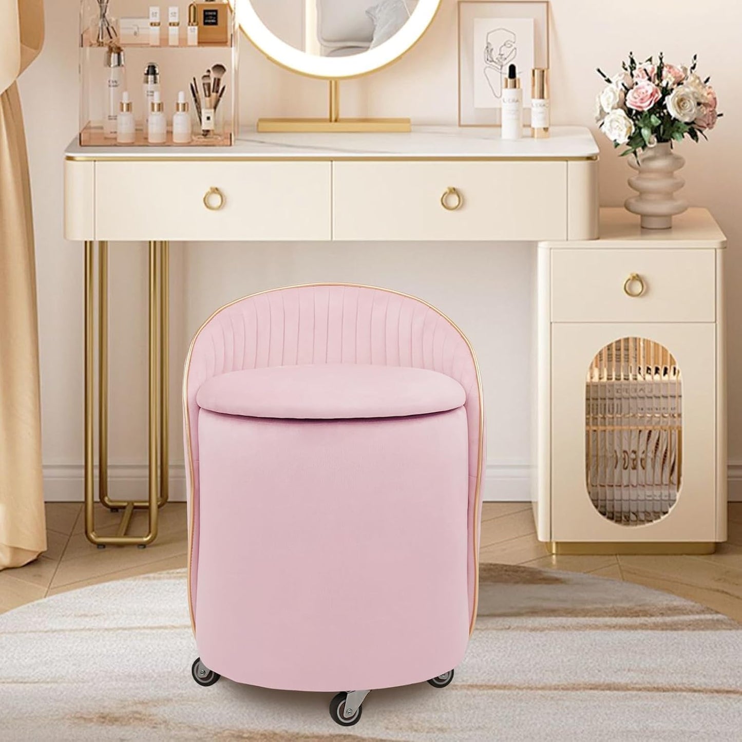 KLASIKA Round Storage Ottoman, Upholstered Velvet Vanity Stool with Lumbar Support, Swivel Rolling Wheels