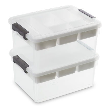 Citylife 2 Packs 16L Plastic Storage Boxes with Removable Tray Clear Plastic Box large Storage Box with Lid Stackable Storage Boxes for Organizing