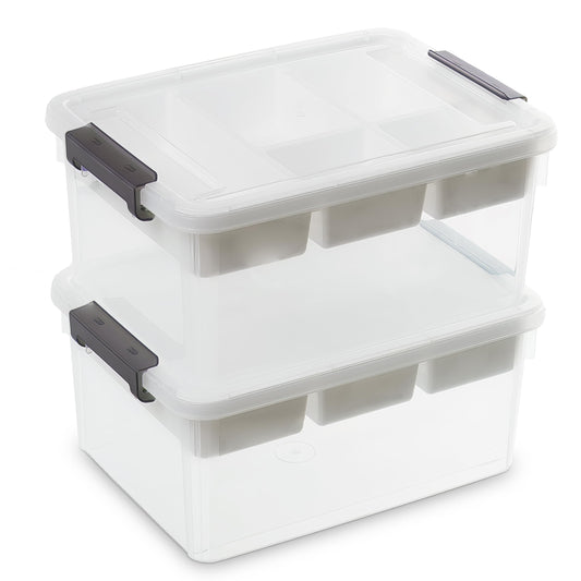 Citylife 2 Packs 16L Plastic Storage Boxes with Removable Tray Clear Plastic Box large Storage Box with Lid Stackable Storage Boxes for Organizing