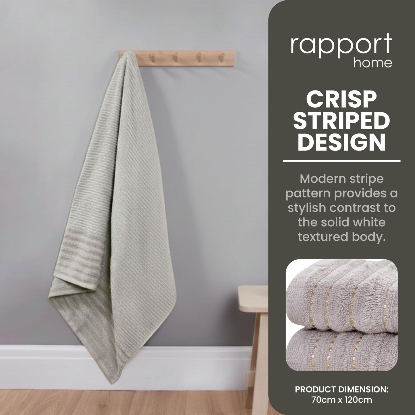 Rapport Home Linear Bath Towels 2-Pack | Dove Grey | 70x120cm | 100% Cotton 500gsm | Oeko-Tex Made in Green & BCI Certified