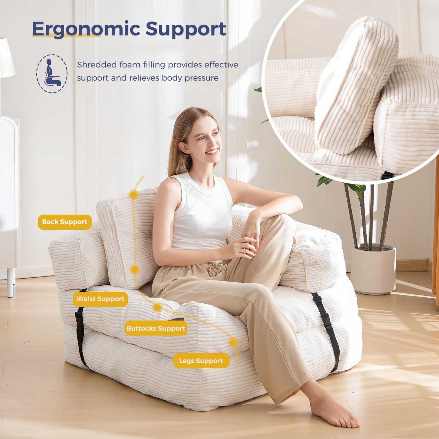 MAXYOYO Foldable Sofa Bed,Bean Bag Couch Convertible Sleeper Chair with Armrest L-Shaped Floor Lounge Sofa with Pillow Portable Lounge Seat for