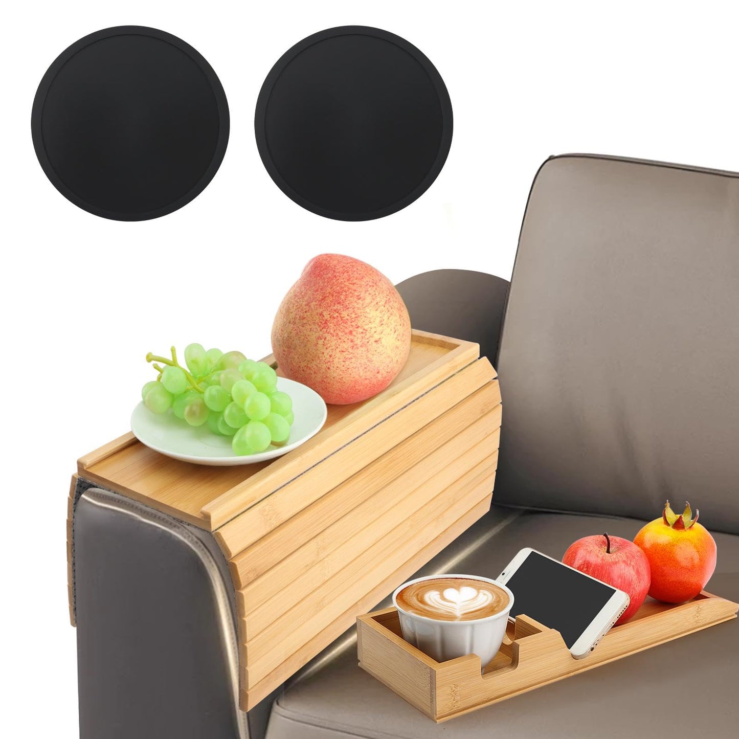 Tharvolex Bamboo Sofa Armrest Tray, 2-in-1 Detachable Couch Cup Holder & Armrest Table with Anti-Slip Pad, Foldable Bamboo Tray for Drinks, Snacks
