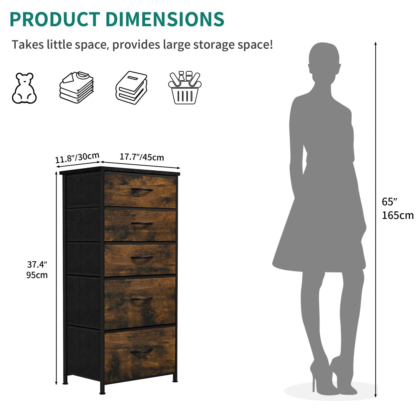 YITAHOME Chest of Drawer with 5 Drawers for Bedroom Fabric Dresser Storage Drawers With Handles Metal Frame for Living Room, Hallway,Rustic Brown