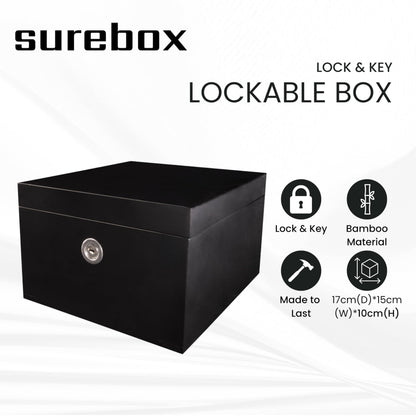 surebox Small Bamboo Lock Box - Lock & Key, Secure Home Storage