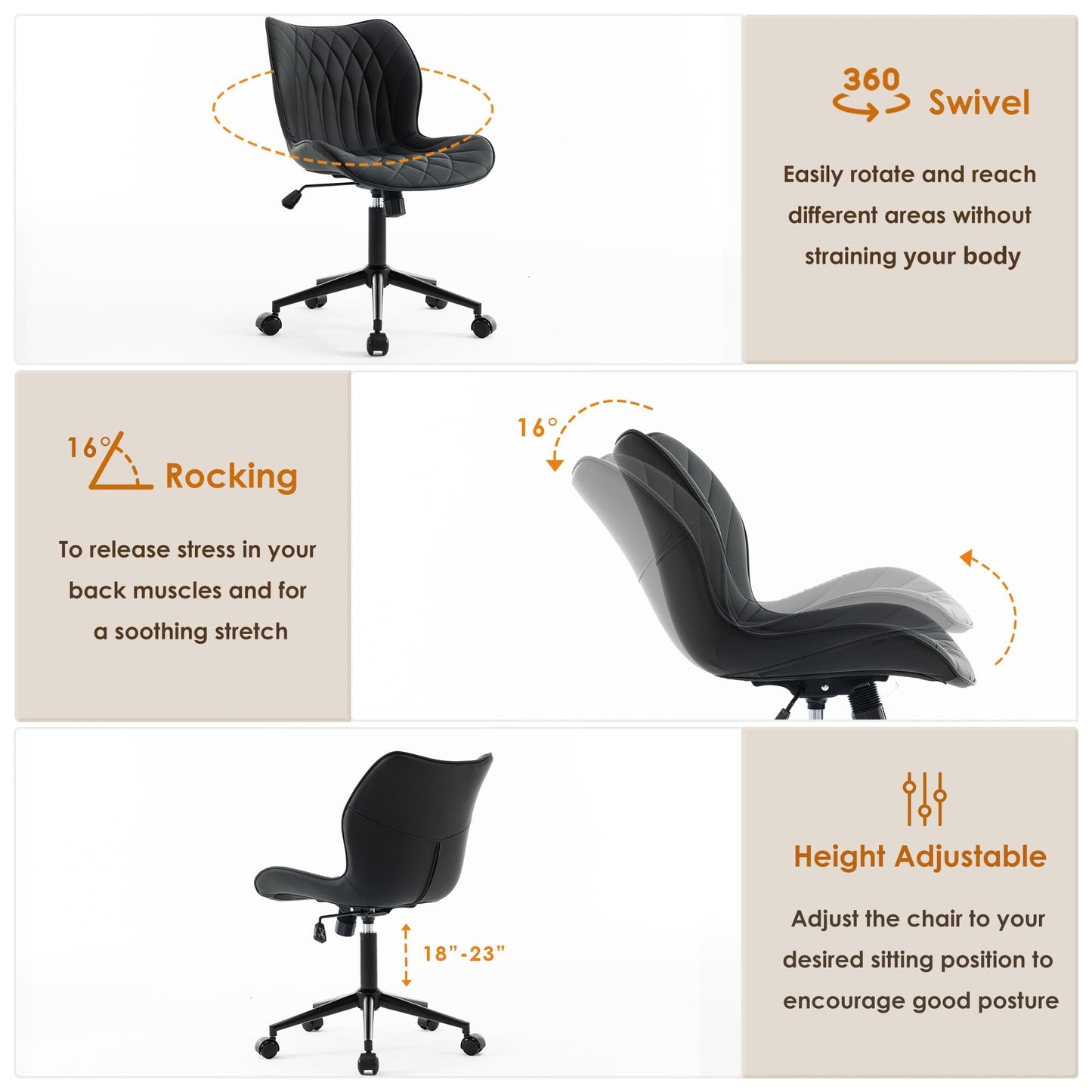 YOUNUOKE Desk Chair Adjustable Home Office Chair with Wheels, Black