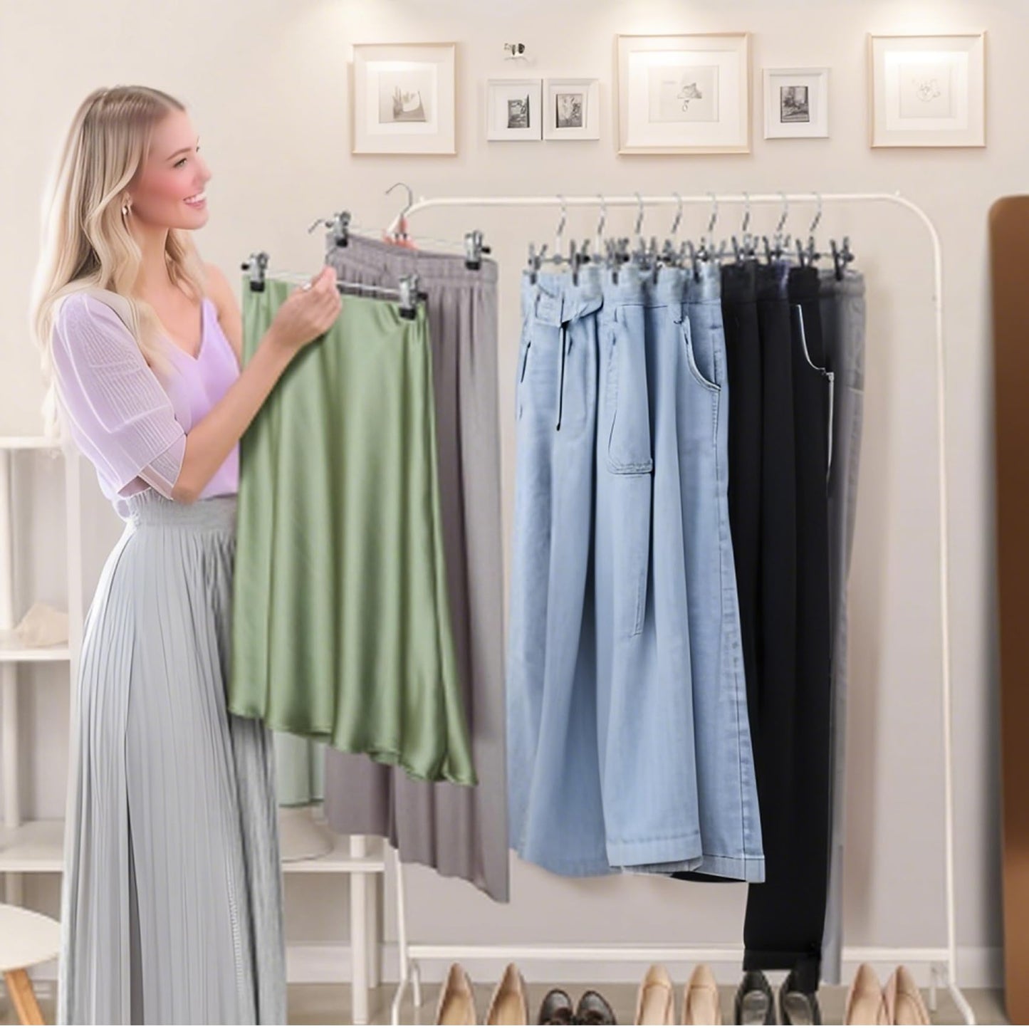 8Pack Trouser Hangers -Skirt Hangers with Adjustable Non Slip Clips Strong Chrome- Space Saving Pant Hangers,Heavy Duty Metal Hangers for Shorts