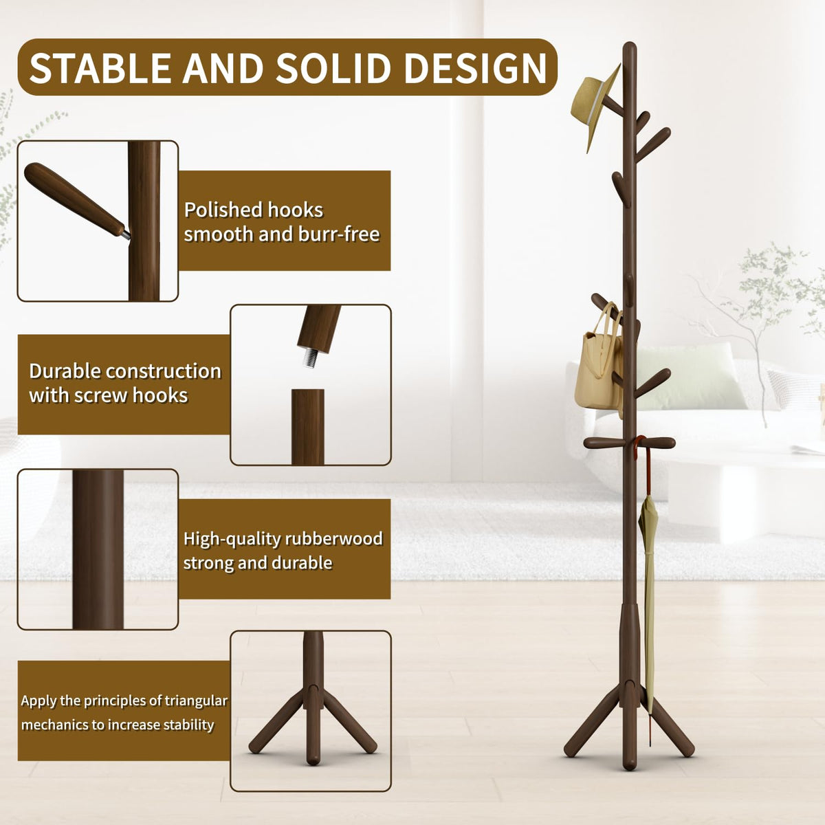 Awatiwa Solid Wood Coat Rack, Freestanding Tree-Shaped Coat Rack with 11 Hooks, Main Pole 1.6" dia,for Clothes