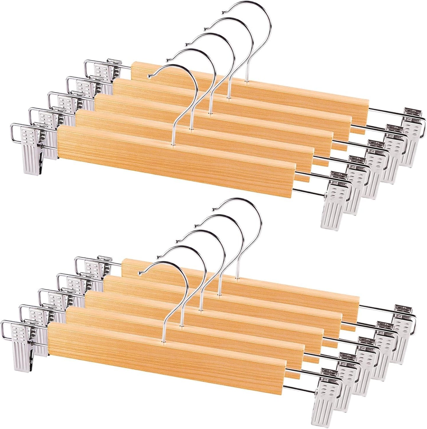 10Pack Wooden Trouser Hangers with Clips, 35cm Skirt Coat Hangers,Clothes Hangers for Shorts,Pants,Kilt,Jeans,Heavy Duty,Adjustable,Adult,360° Swivel