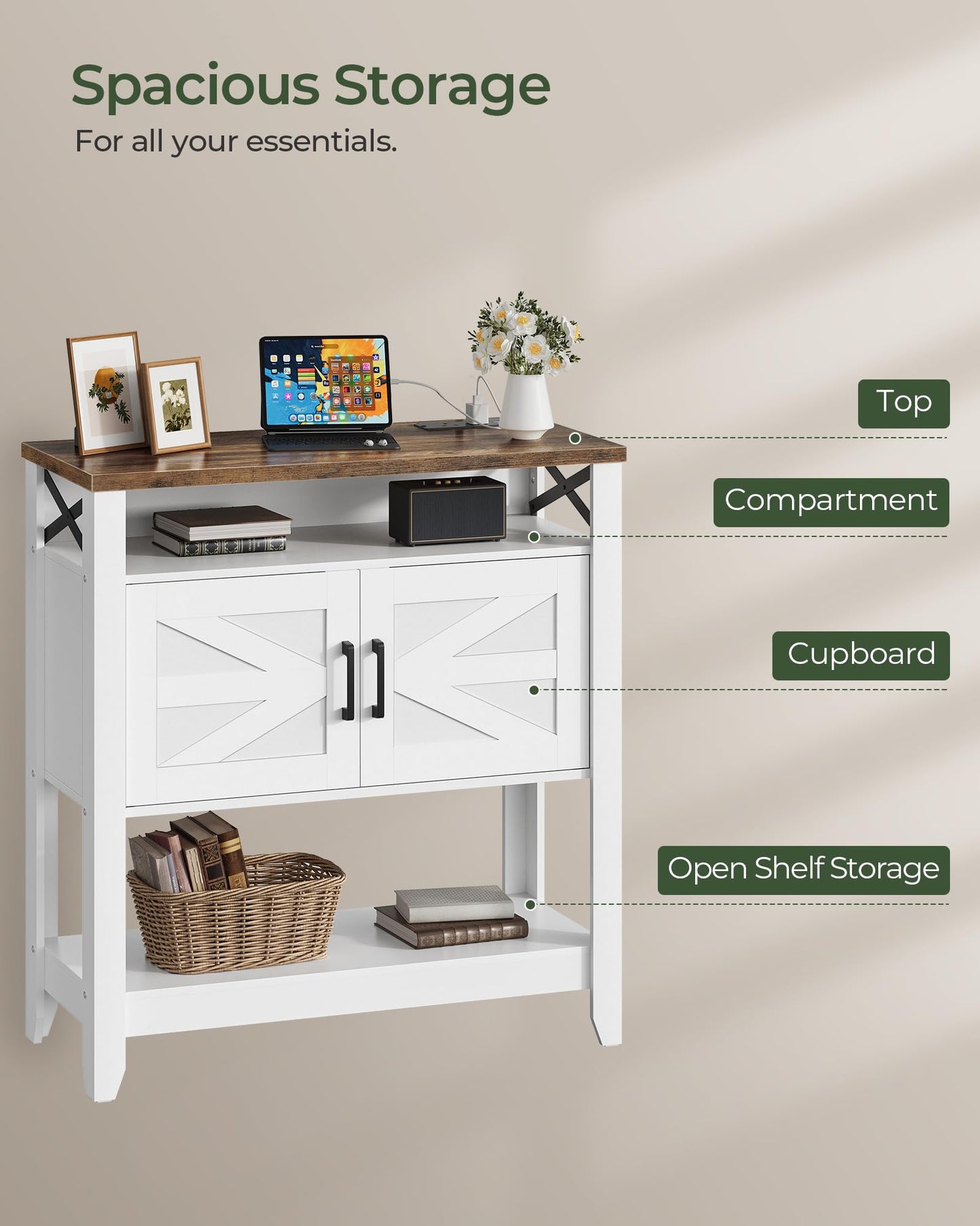 CHOEZON Vintage Console Table, Farmhouse Kitchen Sideboard Cabinet with Power Outlet, Kitchen Sideboards with Open Storage Shelves, for Entrance