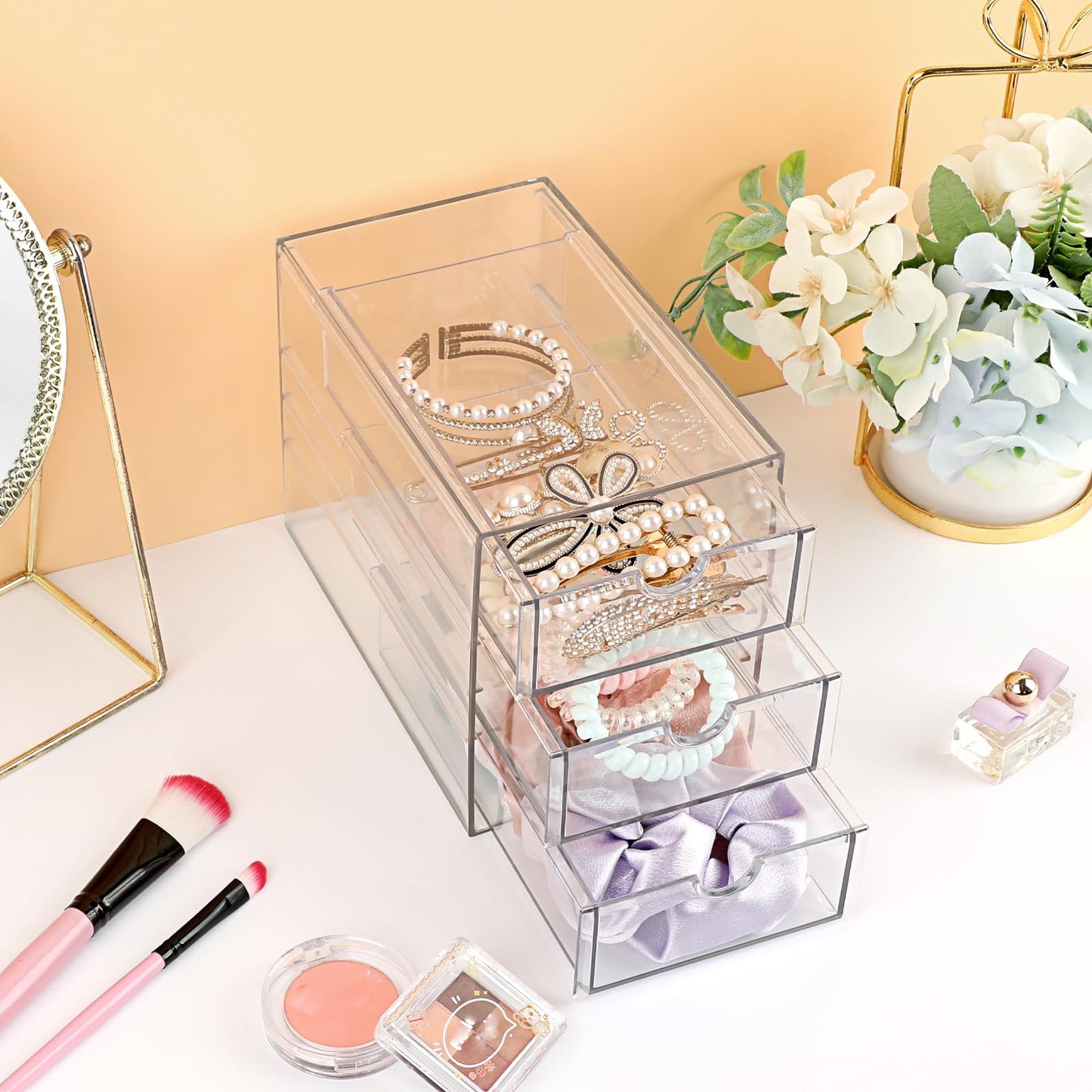 SUMTree Clear Hair Accessory Organizer Box with 3 Drawers, 12.8*17.5*10.6cm