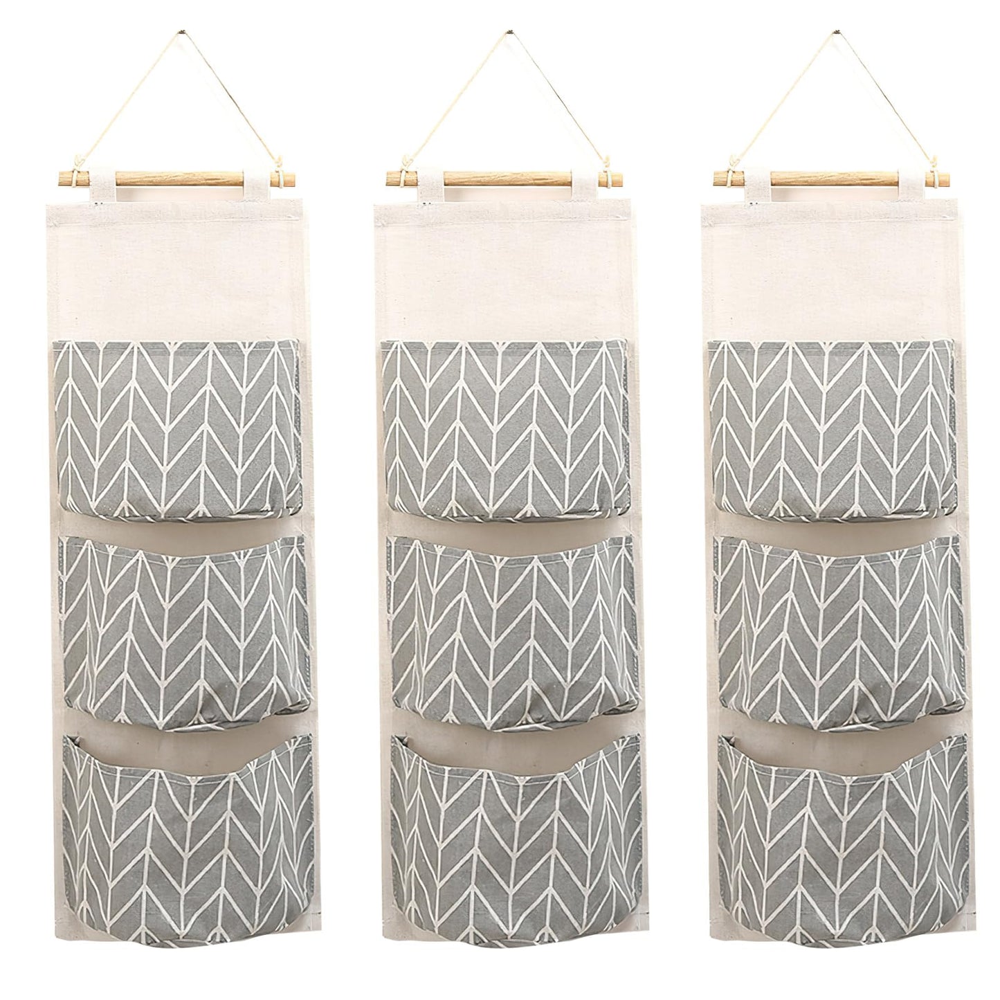 3-Pack Wall Hanging Storage Bags – Over-The-Door Organizers with 3 Large Pockets (6.3" × 5.1"), Hanging Closet & Pantry Organizer for Bedroom