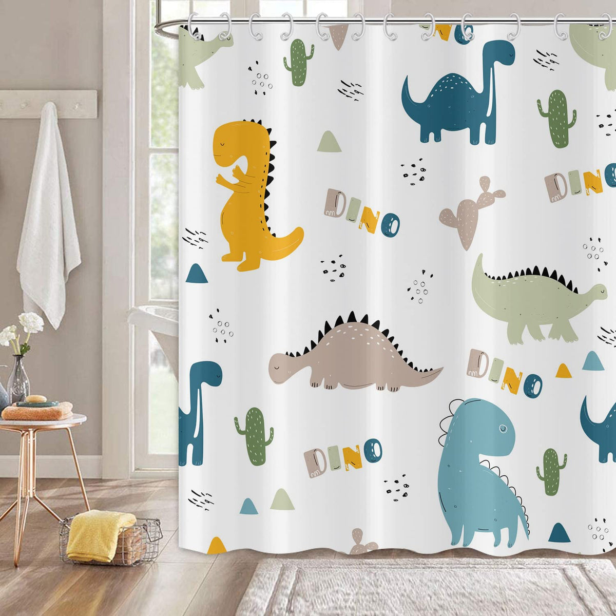 Hnmdmyi Cartoon Dinosaur Shower Curtain 180x200, Colorful Funny Animal Graffiti Cute Dino Children Kids Bathroom Curtains with Hooks Waterproof