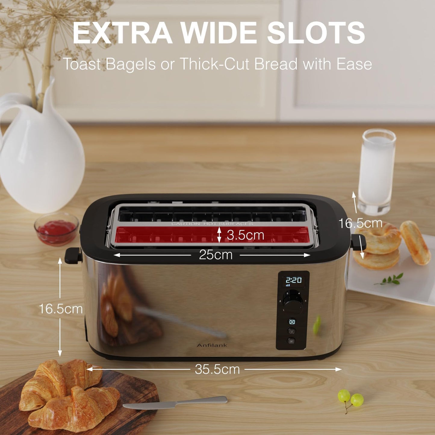 Anfilank Toaster 4 Slice, Countdown Timer, 6 Browning Settings, Built-in Warming Rack, Defrost/Reheat/Cancel Functions, Removable Crumb Tray,