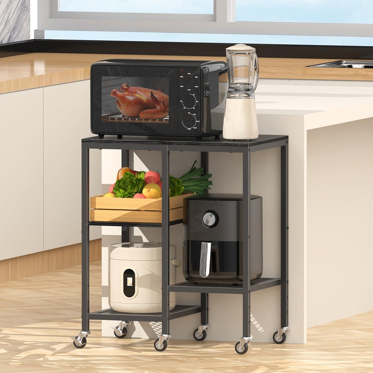 OGEMXU Rolling Kitchen Microwave Cart,4 Tier MicrowaveStand,Black