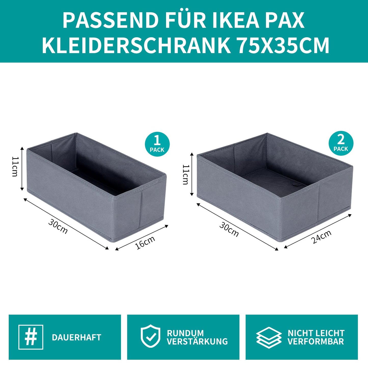 ORLISA Drawer Organiser Clothes Compatible with PAX Wardrobe 75 x 35 cm Sturdy Base, Foldable, & Robust, Set of 3, Grey