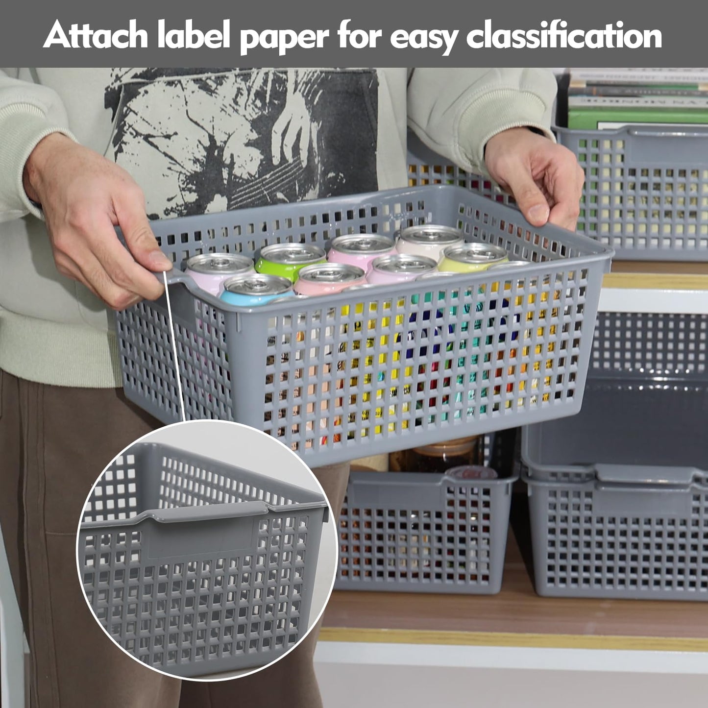 Afromy Set of 3 Plastic Storage Baskets, Rectangular Weave Storage Basket Bin, Grey