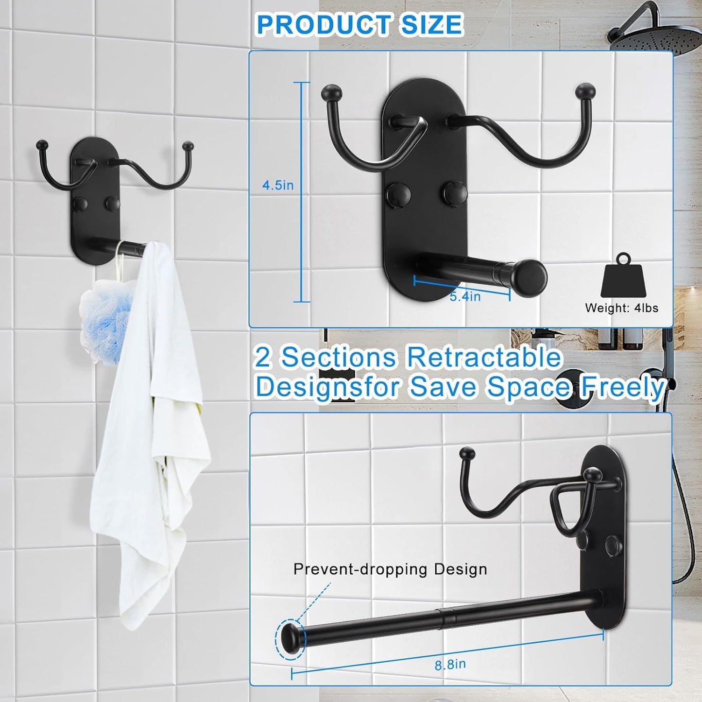 Retractable Clothes Hanger Storage Organiser Rack with Double Coat Hooks ,Wall Mounted Metal Clothes Hanger Hooks