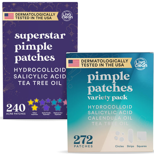 LivaClean 512 CT Pimple Patches & Acne Patch Bundle ? 240 Star Spot Patches + 272 Variety Pack | Hydrocolloid with Tea Tree Oil ? Cute Pimple Patch