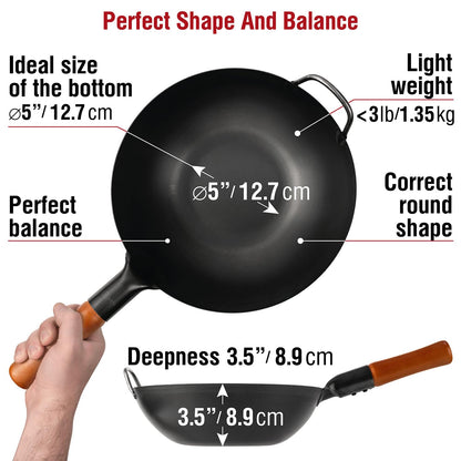 YOSUKATA Carbon Steel Wok Pan  30 cm Woks and Stir Fry Pans - Chinese Wok with Flat Bottom Pow Wok - Traditional Chinese Japanese Woks - Black Steel
