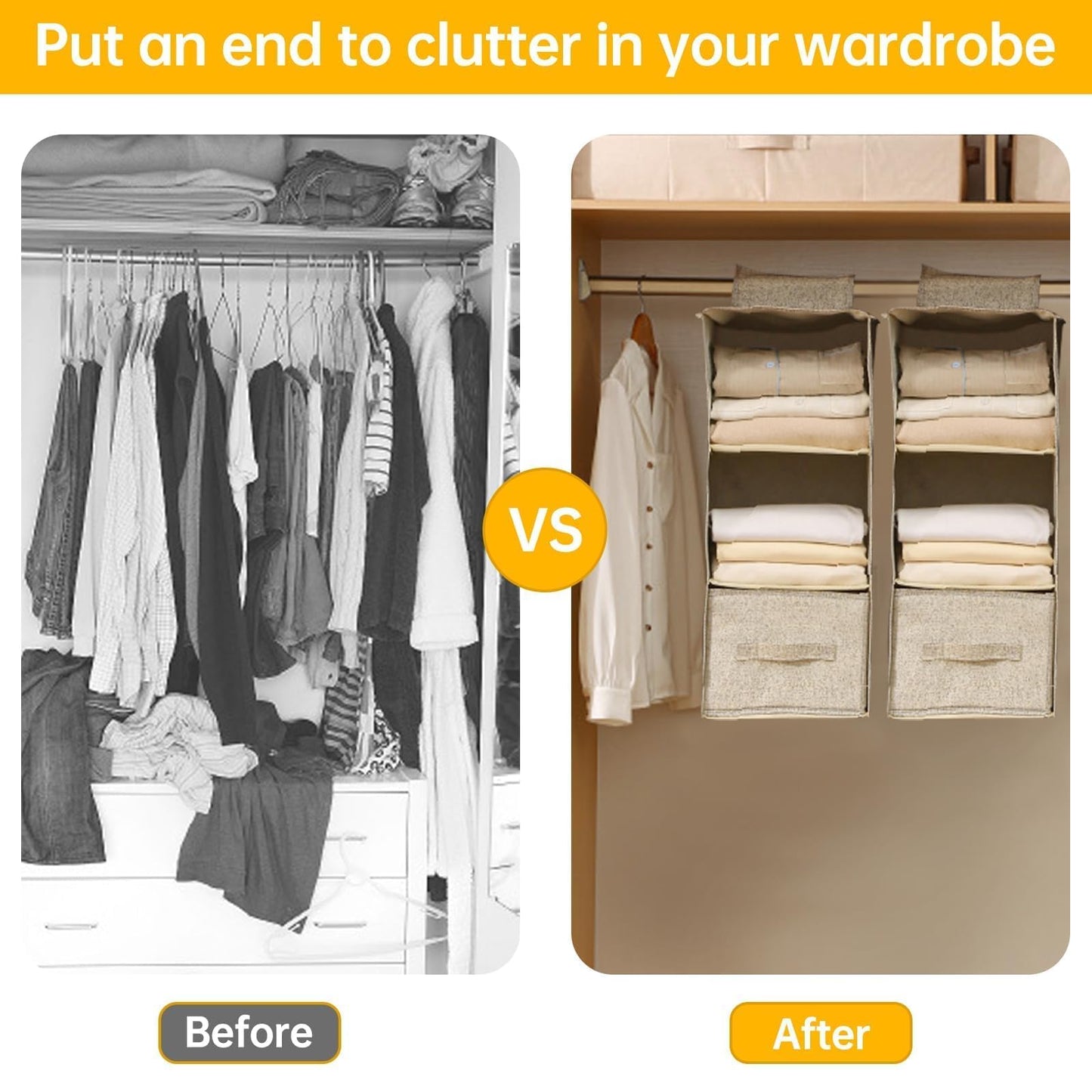 FALSKT Hanging Storage with 3 Shelves and Removable Drawer Fabric Hanging Shelves Foldable Hanging Wardrobe Organiser Wardrobe Storage Organiser for