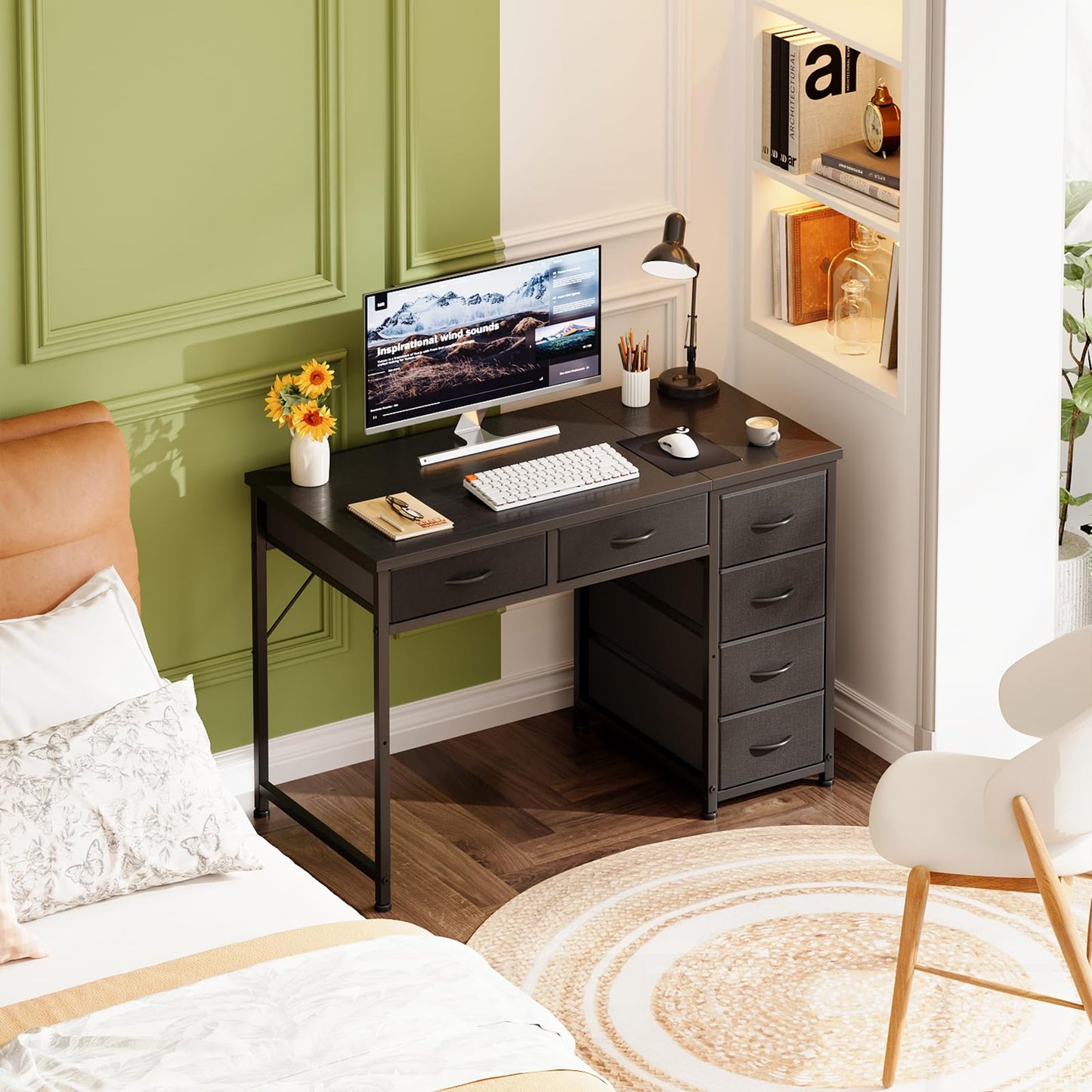 MUTUN 100x48 cm Desk, Small Computer Desk with 6 Fabric Drawers, Reversible Home Office Desk with Adjustable Feet, Work Desks for Office, Study