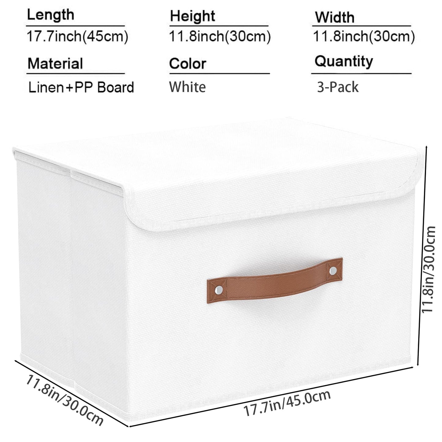 Yawinhe Collapsible Storage Boxes with Lids,45x30x30cm,White,3-Pack
