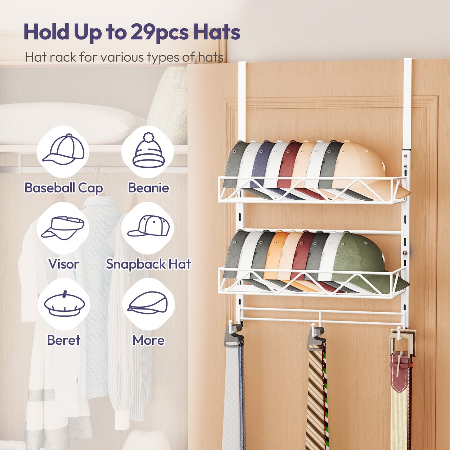 SWTYMIKI 2-Tier Over Door Wall Mount Hat Rack - Baseball Cap Organiser
