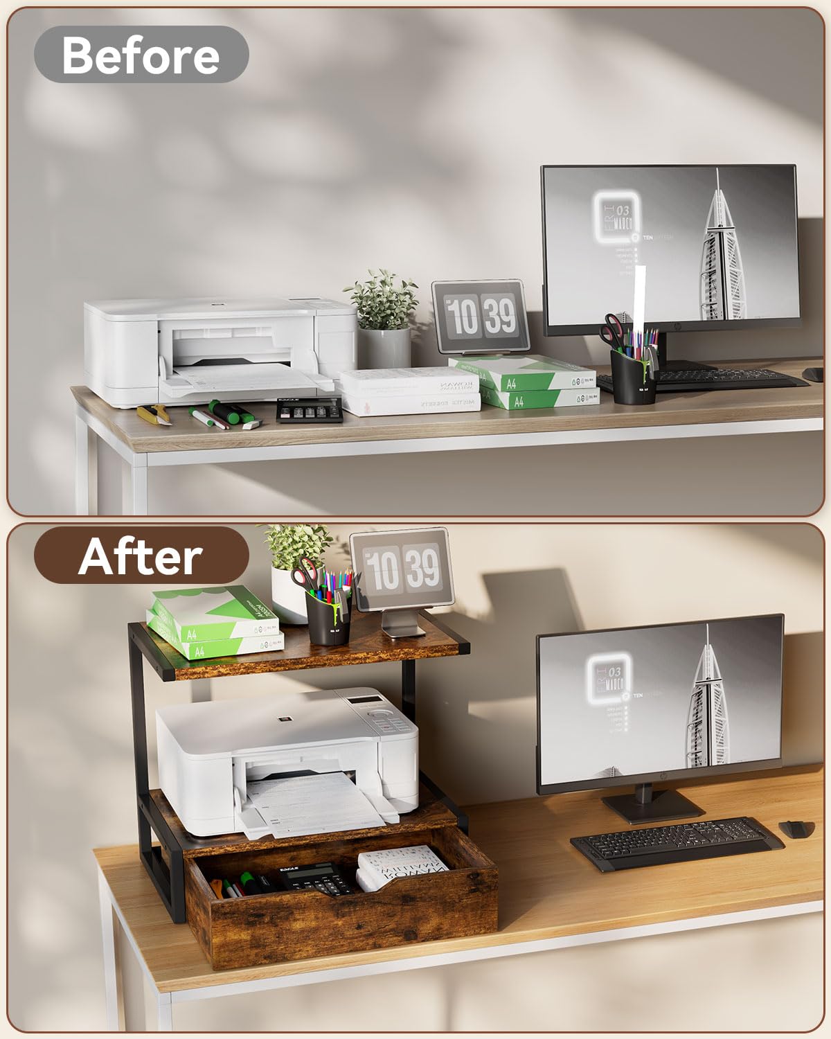 IBUYKE 2 Tier Desktop Printer Stand,Printer Table with Storage Shelf,Multi-Purpose Desk Organizer for Folders,Books,for Fax Machine