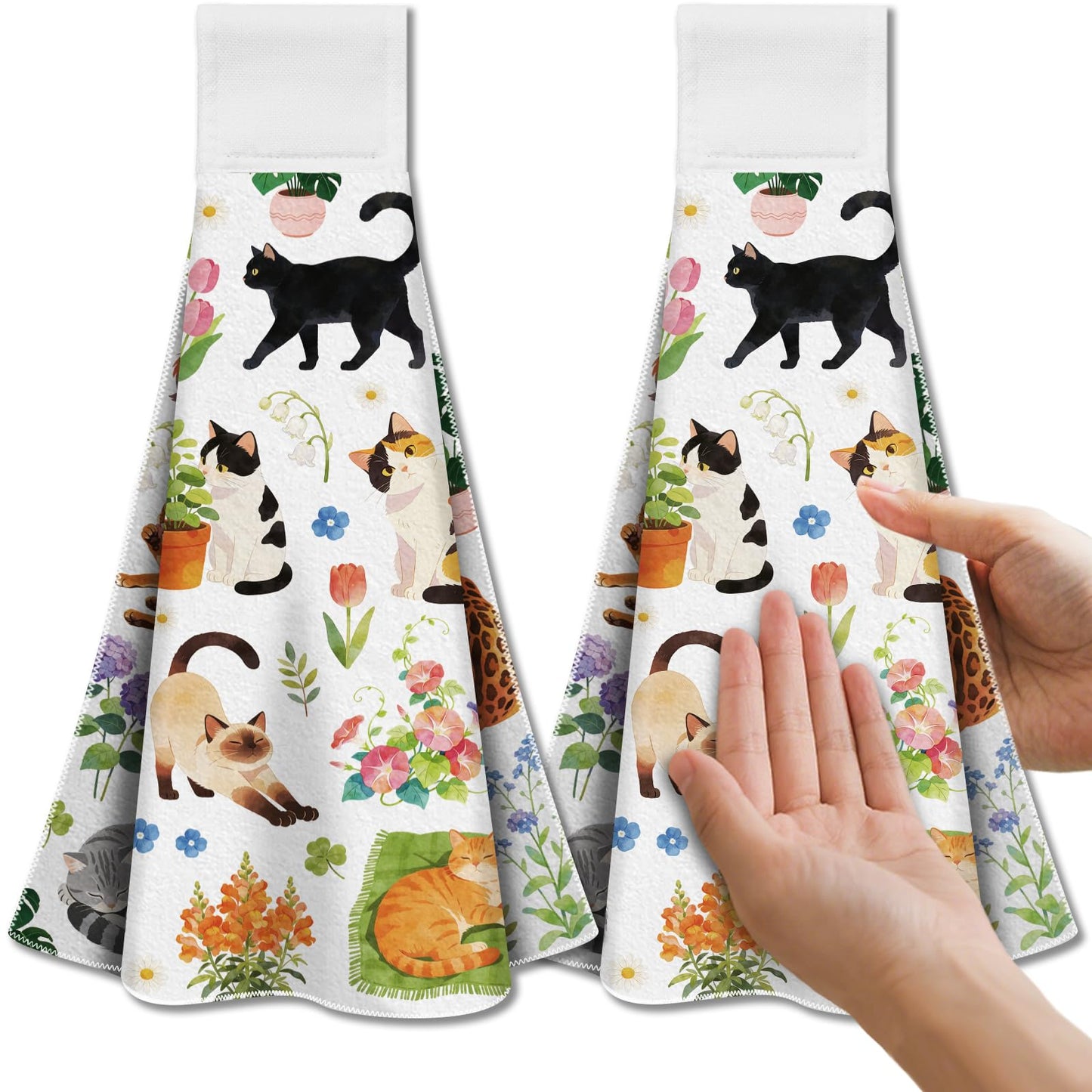 CUTHOLLOW 2 Pcs Colorful Funny Cats and Floral Hanging Kitchen Towels with Loop