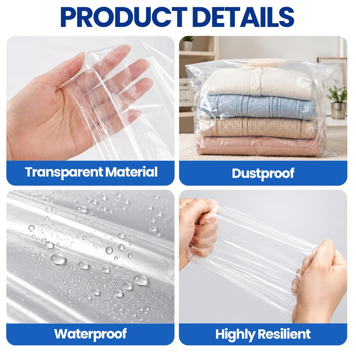 Extra Large Clear Plastic Storage Bags10PCS, 130*130 Etc Size Heavy Duty Waterproof Large Plastic Bags 100μm with 6 Cable Ties, 4 Straps