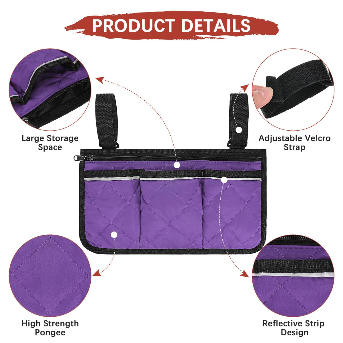TIXIPEM 1-Pack Beach Chair Armrest Bag 12.8"x7" Polyester, Purple
