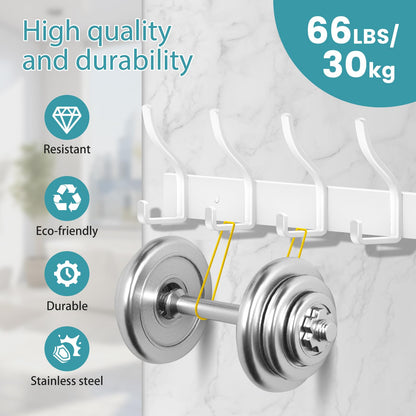 MEIJO Coat Hooks Wall Mounted Stainless Steel, White Coat Rack Wall Mounted with 8 Hooks Heavy Duty Coat Hooks for Door, Bathroom, Bedroom, Kitchen