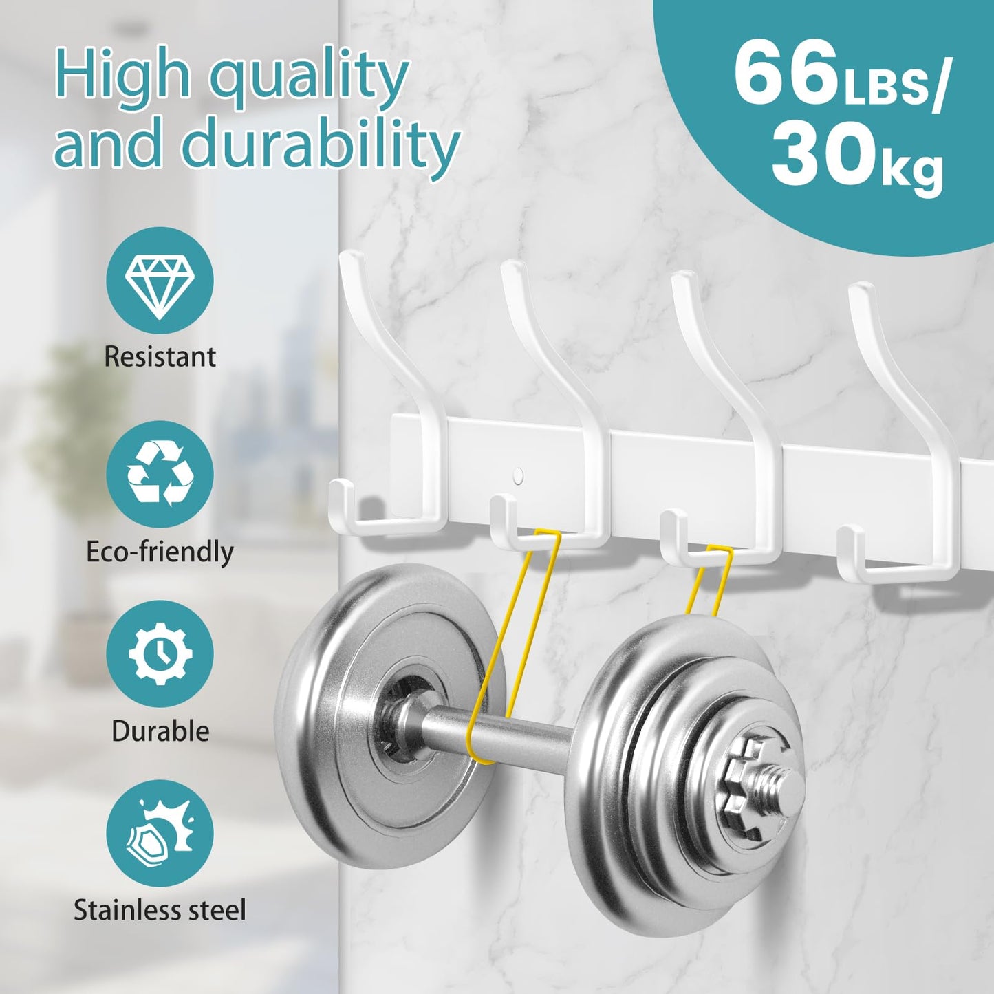 MEIJO Coat Hooks Wall Mounted Stainless Steel, White Coat Rack Wall Mounted with 4 Hooks Heavy Duty Coat Hooks for Door, Bathroom, Bedroom, Kitchen
