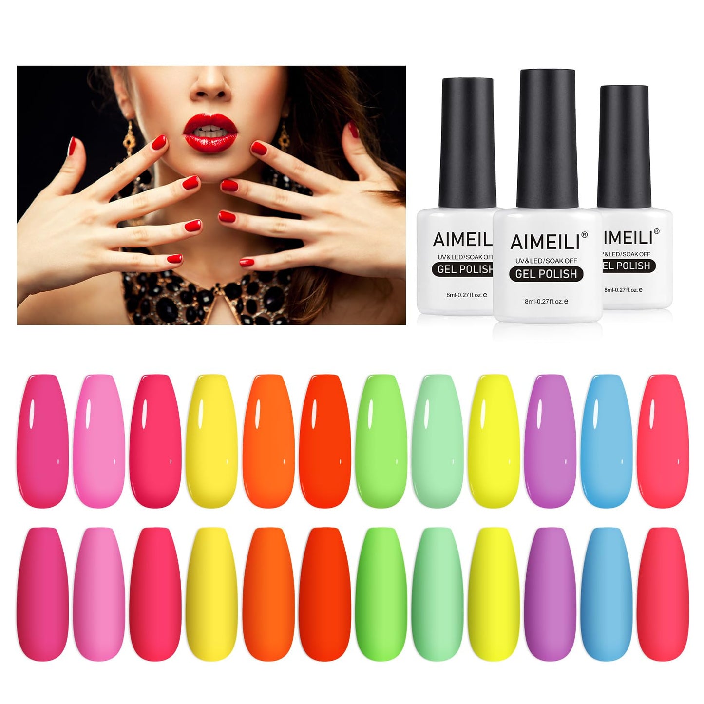 AIMEILI Neon Gel Nail Polish Set, 8ml 12 Colours Spring Summer Pink Red Orange Green Blue Purple Gel Polish Soak Off UV LED Gel Nail Polishes Nail Art