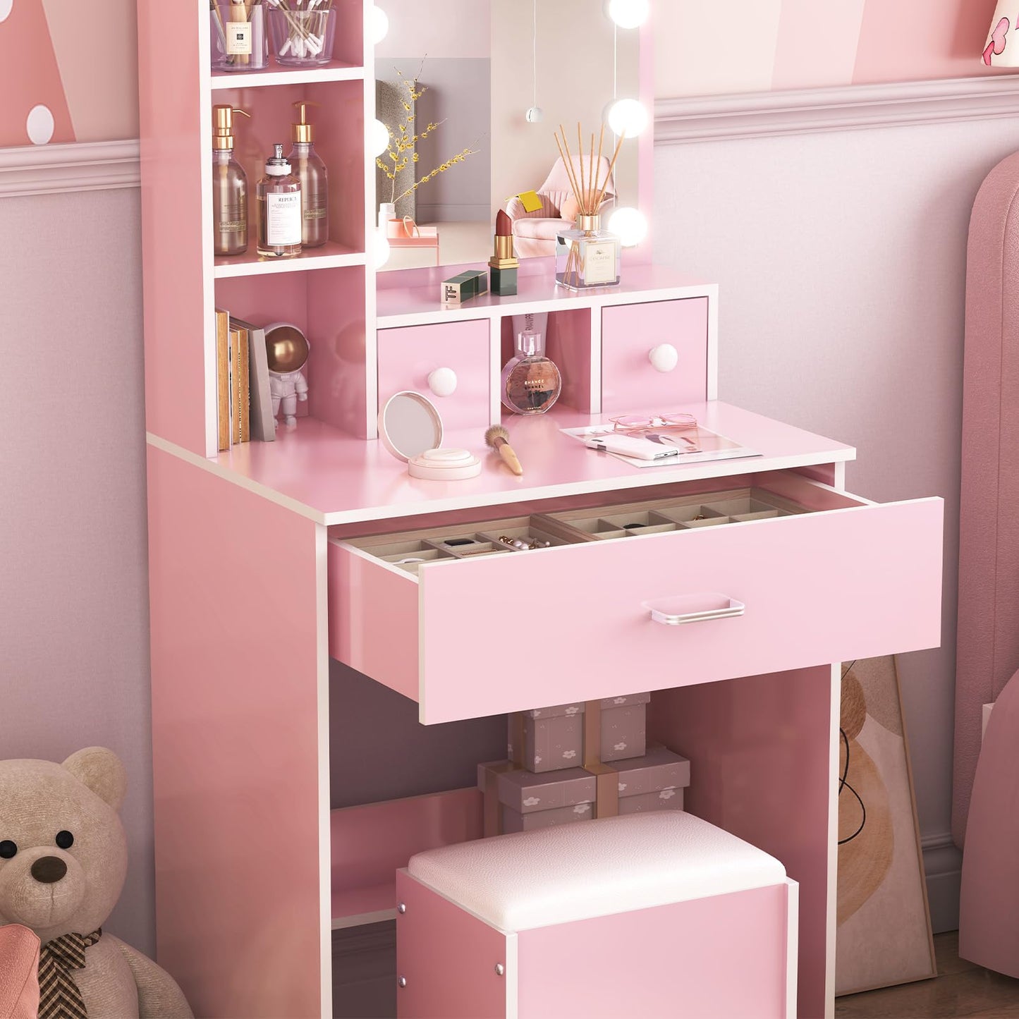 ANCOLOV Dressing Table with Mirror and Stool, 10 LED Light Bulbs Vanity Desk with Storage Shelves & 3 Drawers