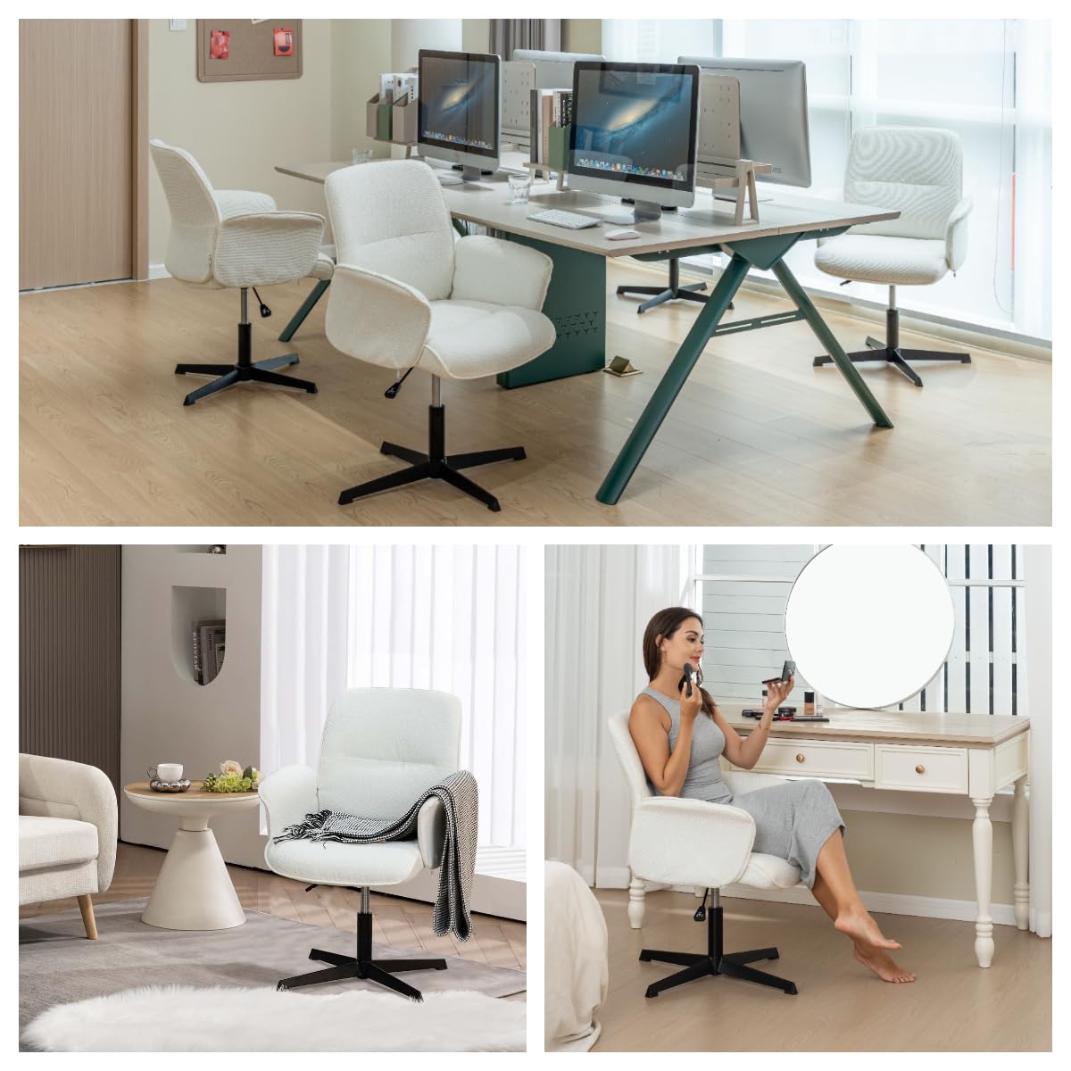 MEUBLE COSY Office Chair Ergonomic Boucle Cross-legged Accent Armchair Swivel Height Adjustable No Wheels High Back for Home Computer Desk Makeup