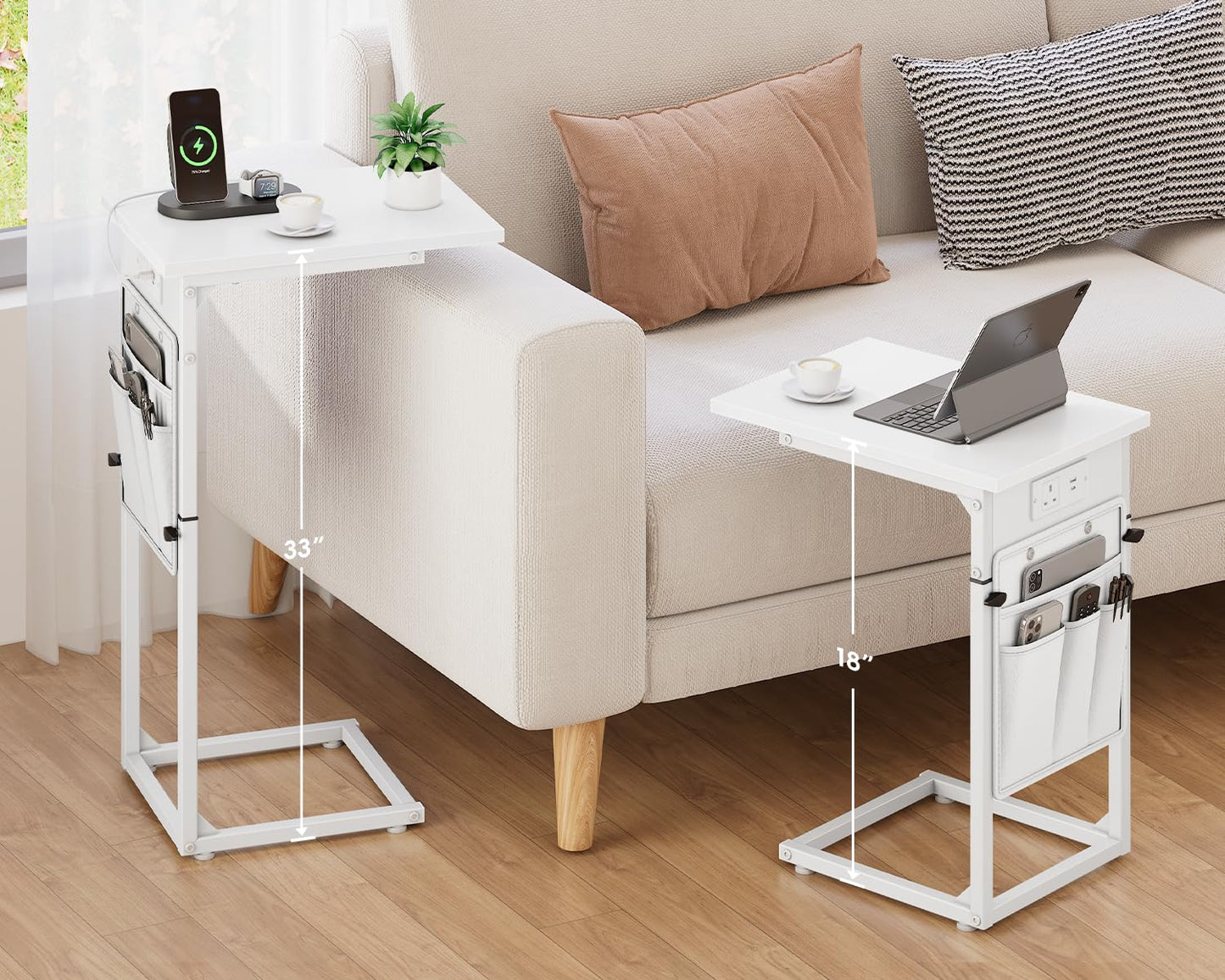 Vagusicc C-Shaped Side Table with Charging Station, Height Adjustable Sofa Side Table, Bedside Table, End Table for Small Spaces