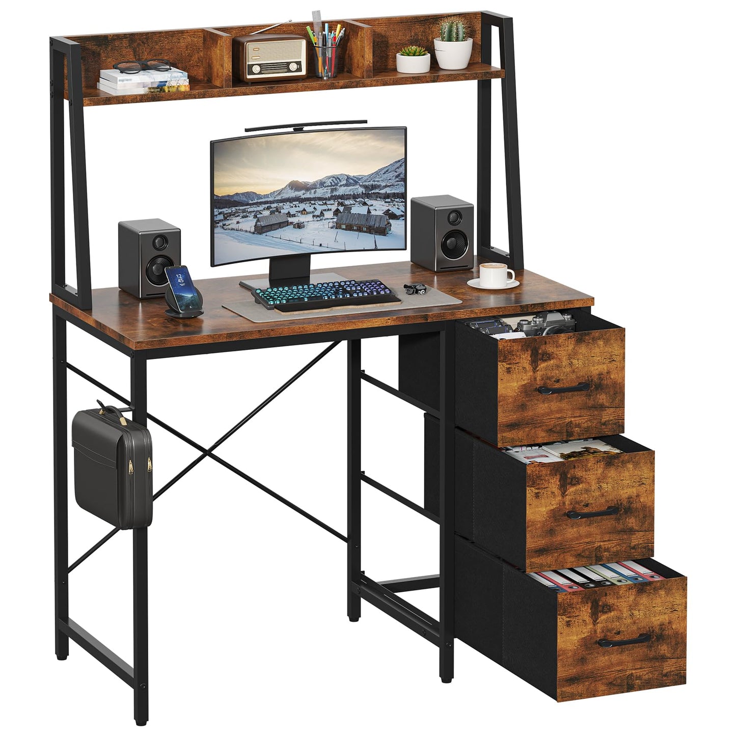 Feonase Industrial-Style Computer Desk with 3-Tier Wall-Mounted Shelf & 3 Fabric Drawers – MDF Desktop for Home Office, Study & Organization