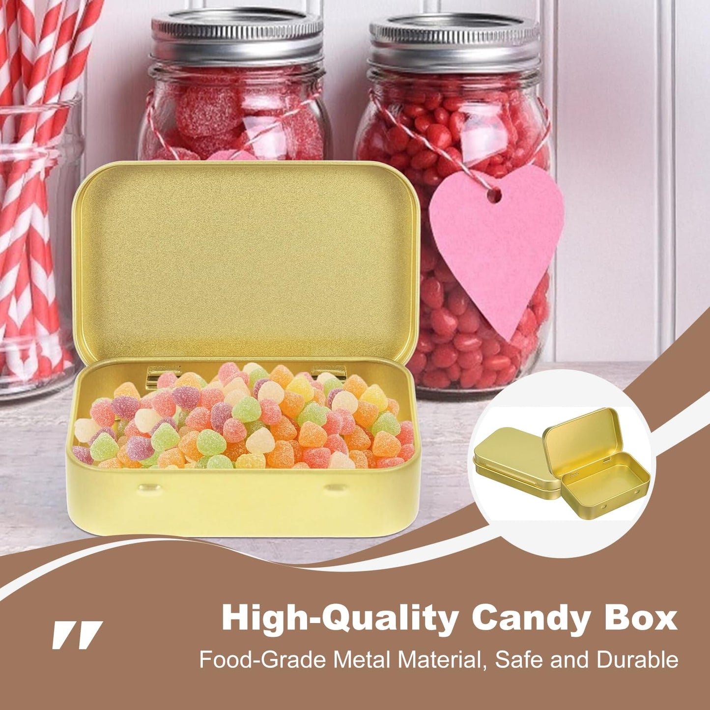 laveroar Small Tins with Lids, 9.5x6x2cm Golden Portable Mini Metal Tinwith Lids, Rectangular Hinged Tin Box Storage Containers for DIY Use