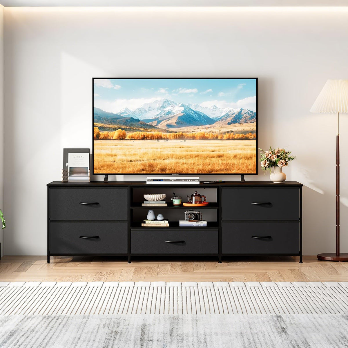 Forthcan TV Stand Cabinet, TV Unit with 5 Drawers, 140 cm, All Black