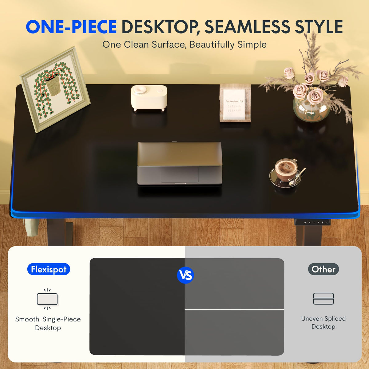 FlexiSpot E1 Plus ONE PIECE Electric Standing Desk Height Adjustable Sit Stand Desk with Memory Smart Panel100 * 60cm, Black Frame+Black Desktop