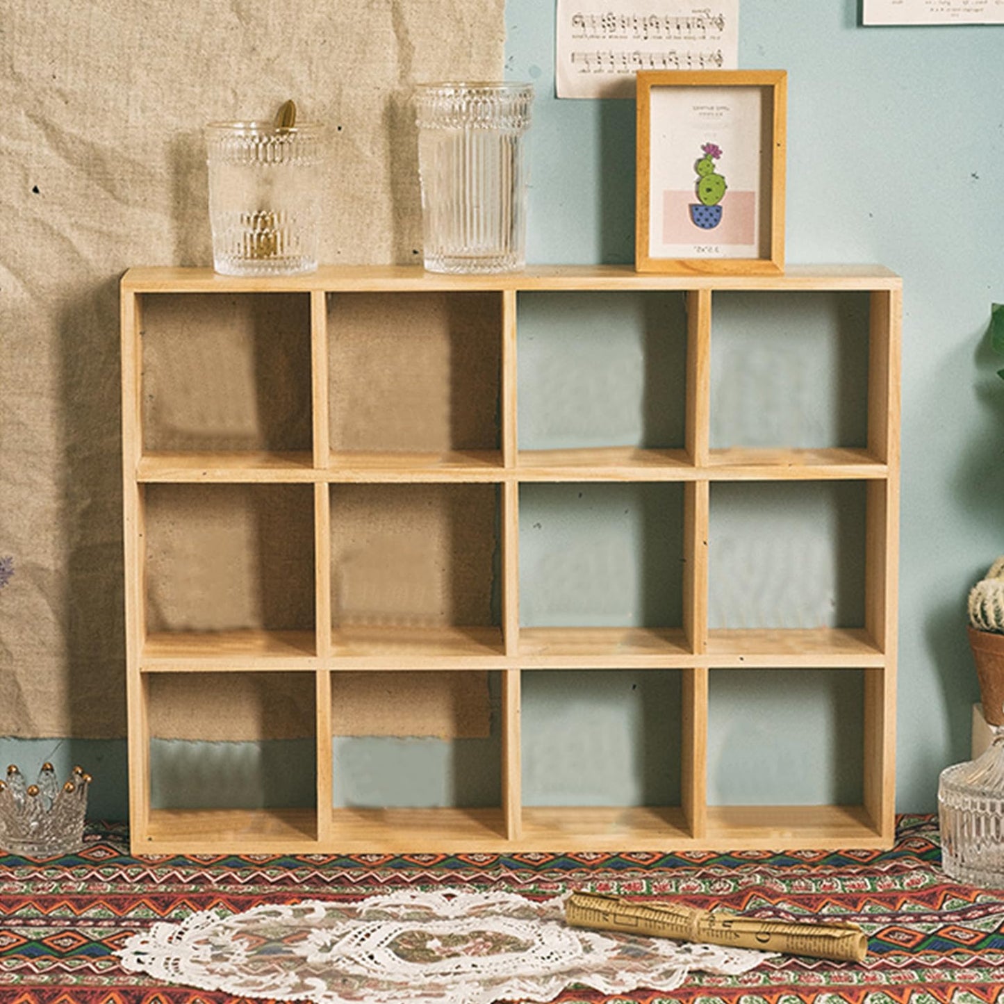 Wood Shadow Box Shelf, 12 Grids Large Space Retro Action Figure Wooden Display Shelf Multipurpose Hand Polished for Study (Without Back Plate)