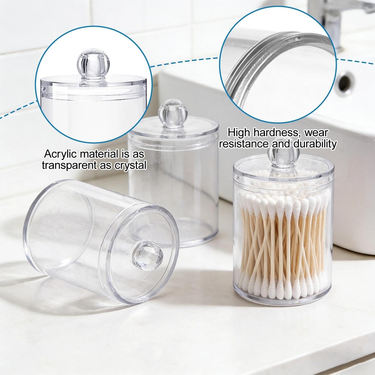 YANKOIUK 3 Pack Cotton Bud Holder, Clear Plastic Storage Jars with Lids