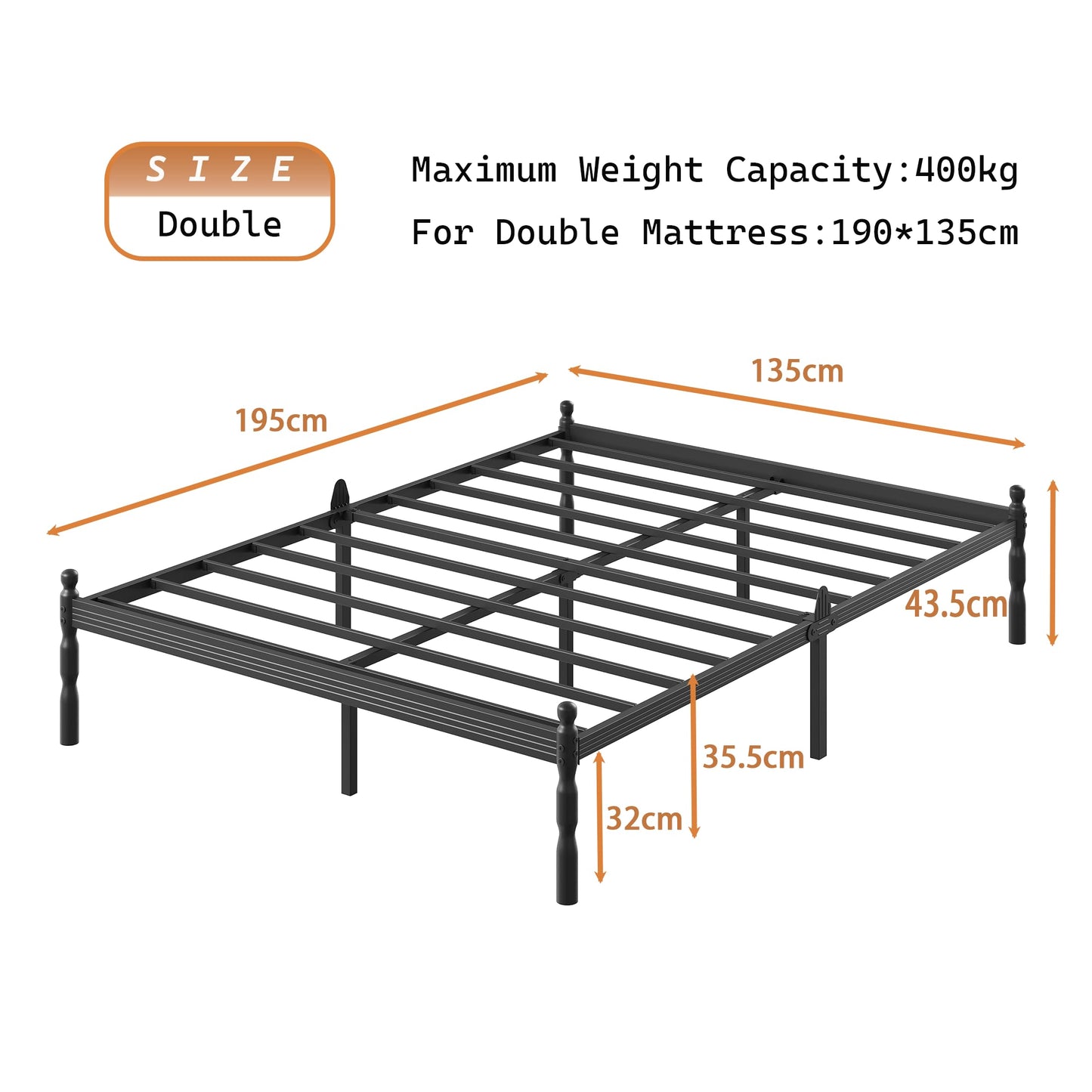 APEXTELLA HOME Double Bed Frames 4ft6 with Mattress Slide Stopper, Vintage Style, 450kg Heavy Duty Steel Slats