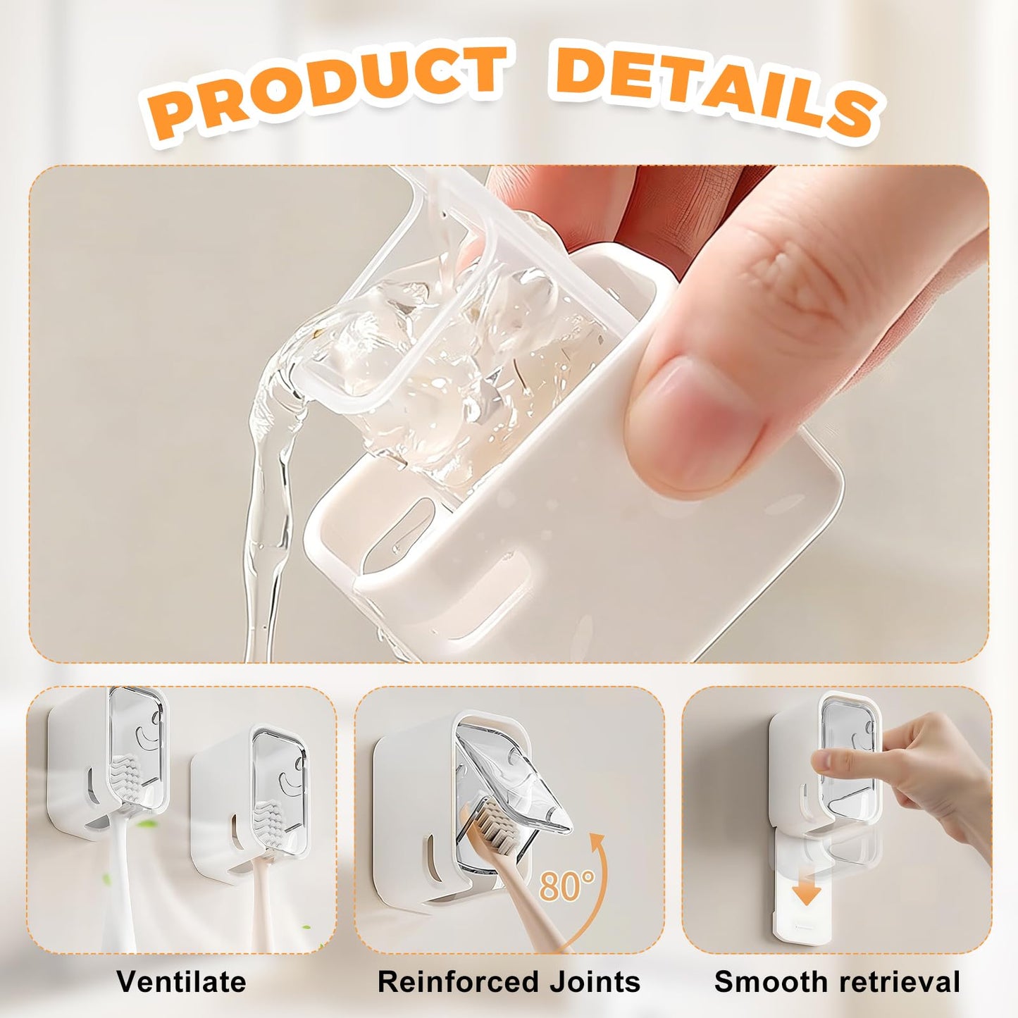 PLUSHCEWT 3 Pcs Toothbrush Holders Wall Mounted with Cover,Self Adhesive Tooth Brush Holder Bathroom Organizer for Bathroom Kids Adults,Wall