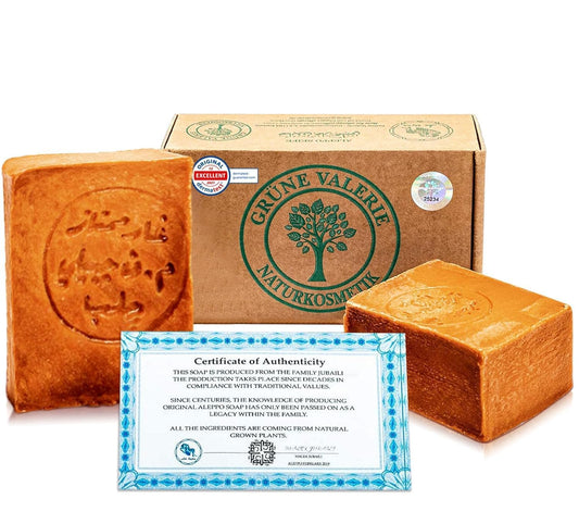 Original Aleppo soap ? 2 x 200g with 60% olive oil 40% laurel oil - PH value 8 - Detox properties - vegan natural product - handmade - matured over 6