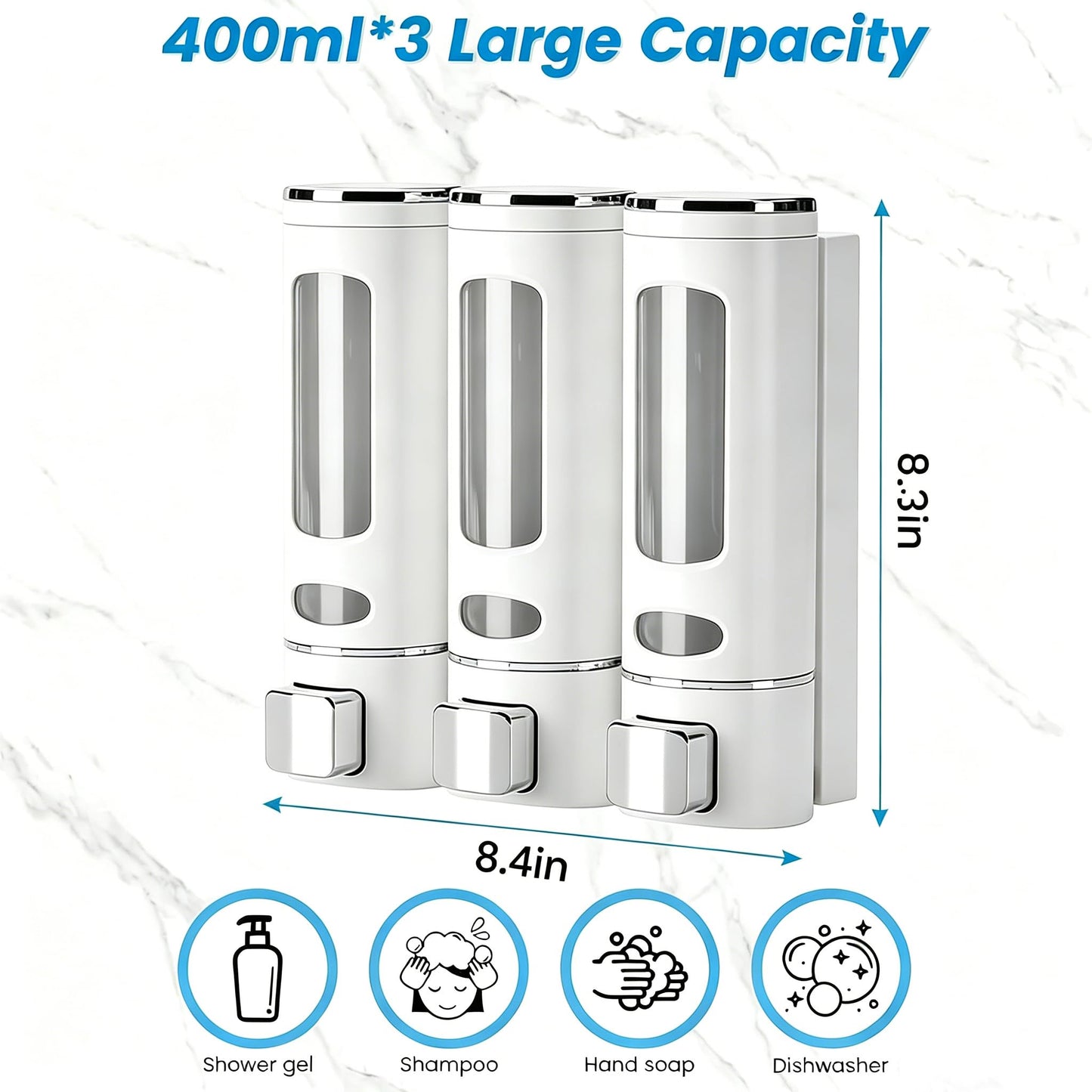 White Soap Dispenser Wall-Mounted, No-Drill Installation for Shower Gel, Shampoo, Conditioner & Dish Detergent